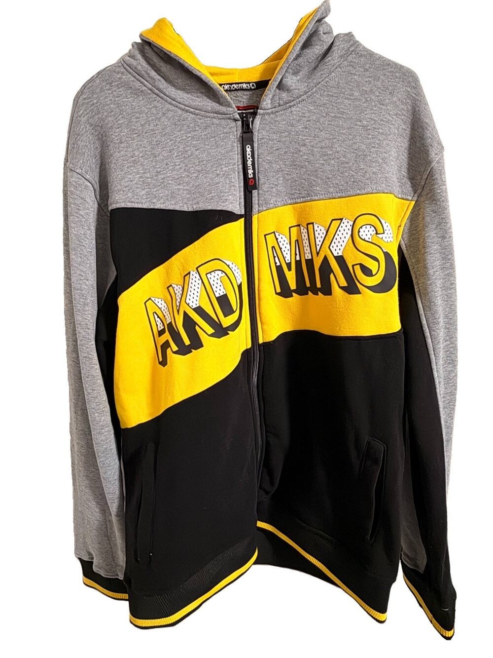Akademiks Men's Gray Yellow Black Full Zip Hoodie Sweatshirt XL Hip Hop